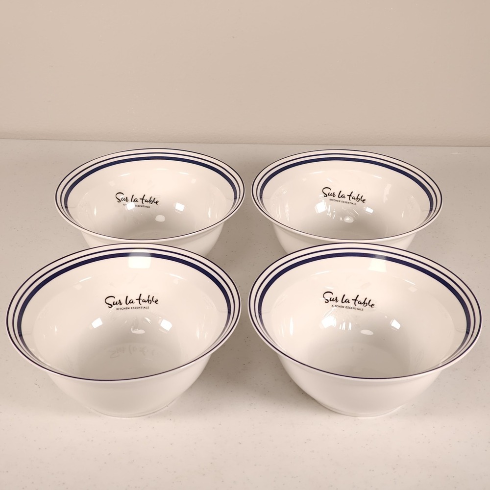 Sur La Table 4 Deep Bowls 7" Bistro Blue Rim Striped Set Of Four Cereal Soup New